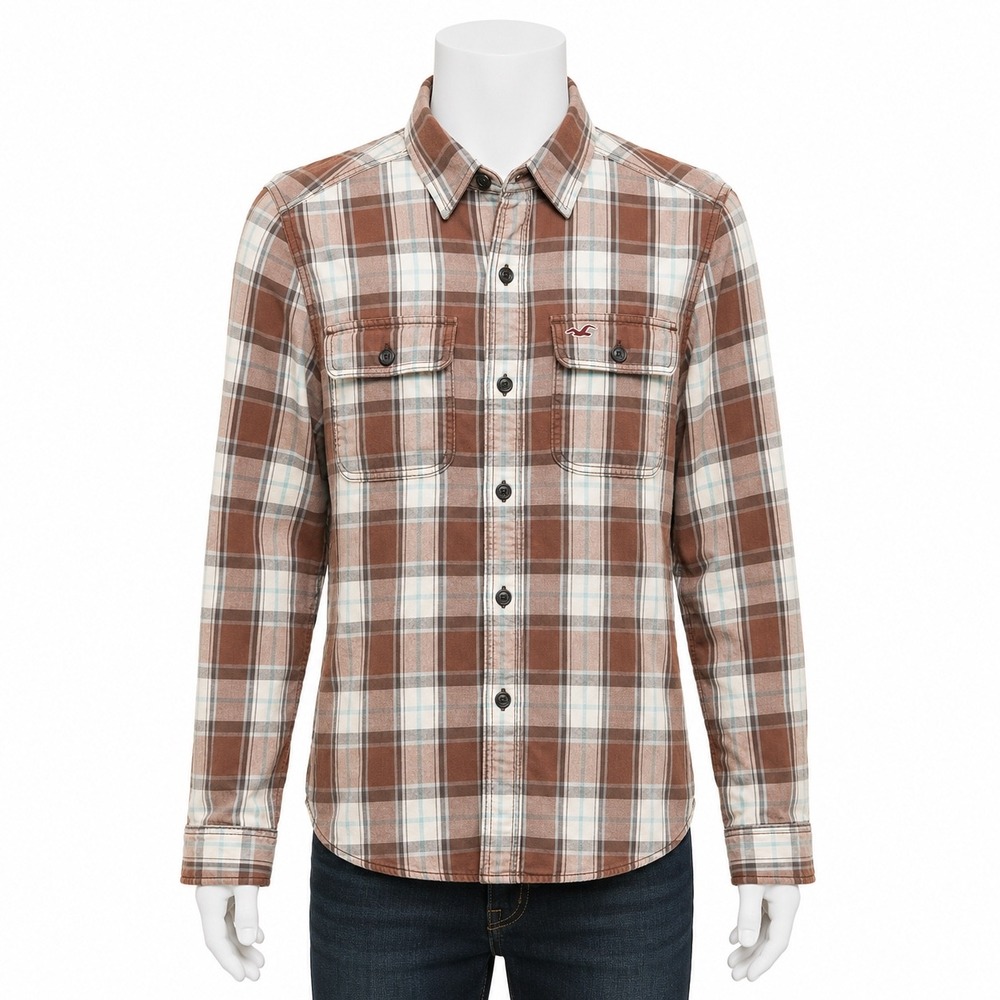Vintage Y2K Hollister Plaid Flannel Shirt Brown Cotton Grunge Mens L Skate Surf